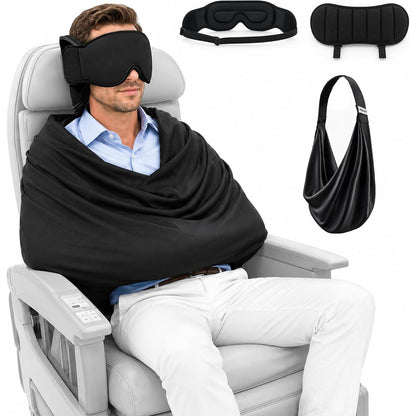3-in-1 travel sleep kit in use on an airplane, eye mask and body wrap worn, components shown separately