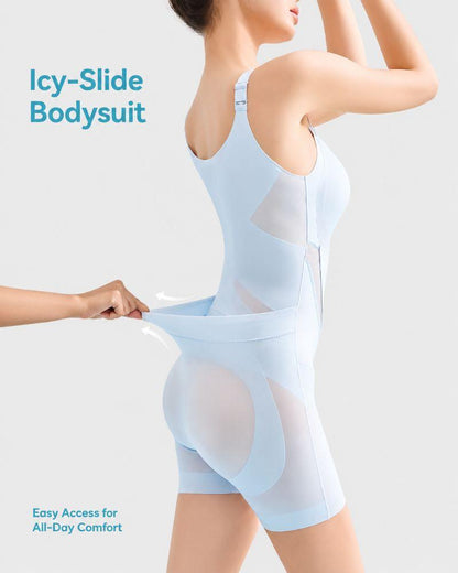 Sky blue shapewear bodysuit, back view with the shorts leg pulled to show the stretch