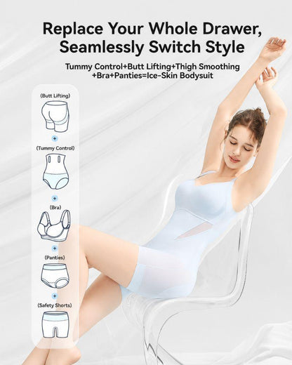 Graphic showing the bodysuit replacing a bra, waist trainer, shaping shorts and briefs