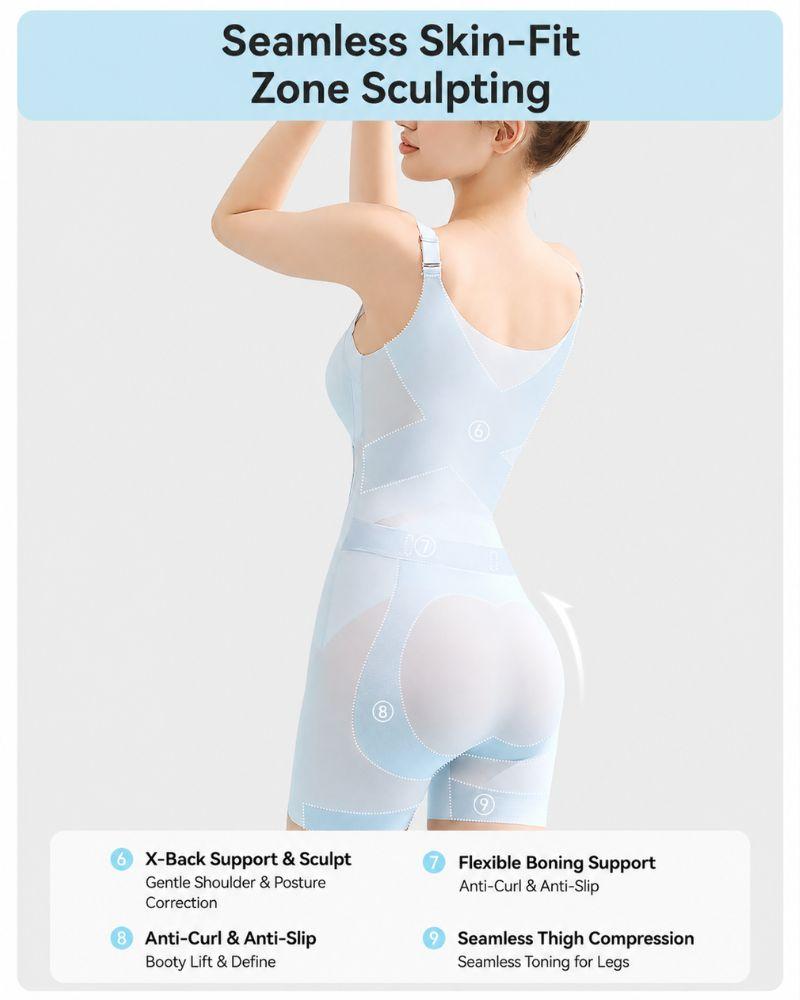 Back view of the sky blue bodysuit with callouts for the X-back, anti-curl hem and flexi-boning