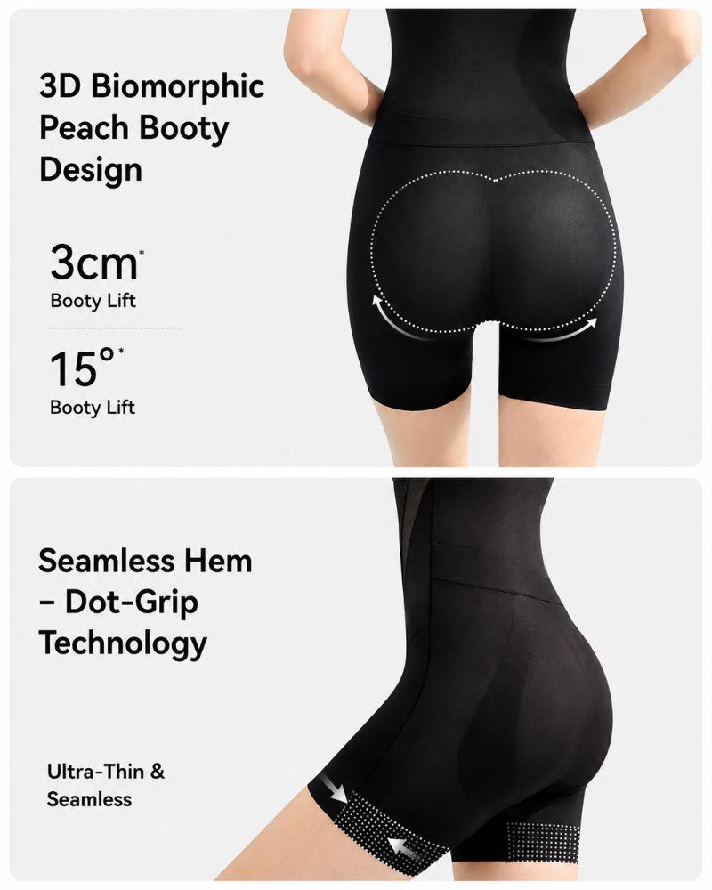 Black bodysuit showing the shaped rear lift panel and the dot-grip seamless hem