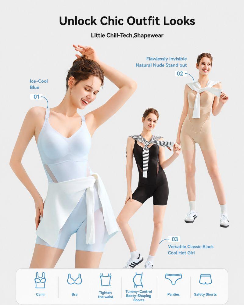 Styling graphic showing the bodysuit in sky blue, black and beige worn as outerwear