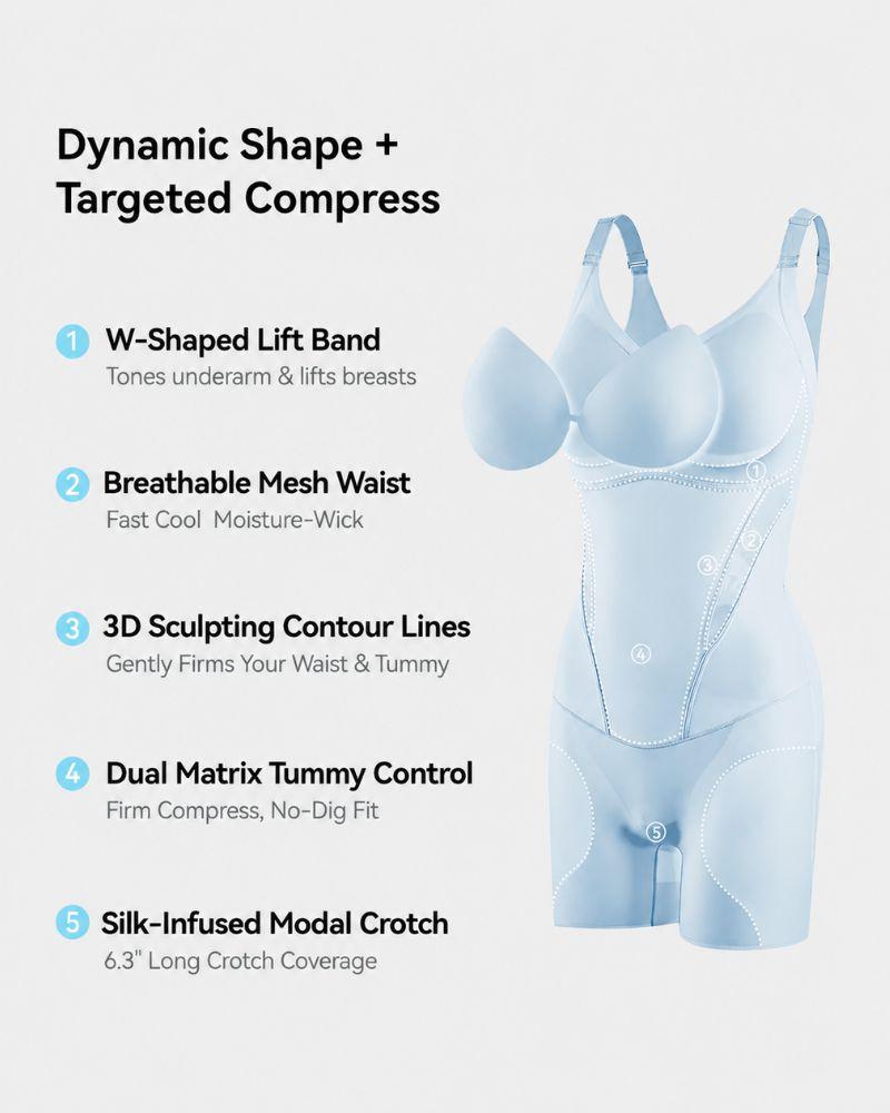 Feature graphic showing the W-shaped lift band, mesh waist and tummy control panels