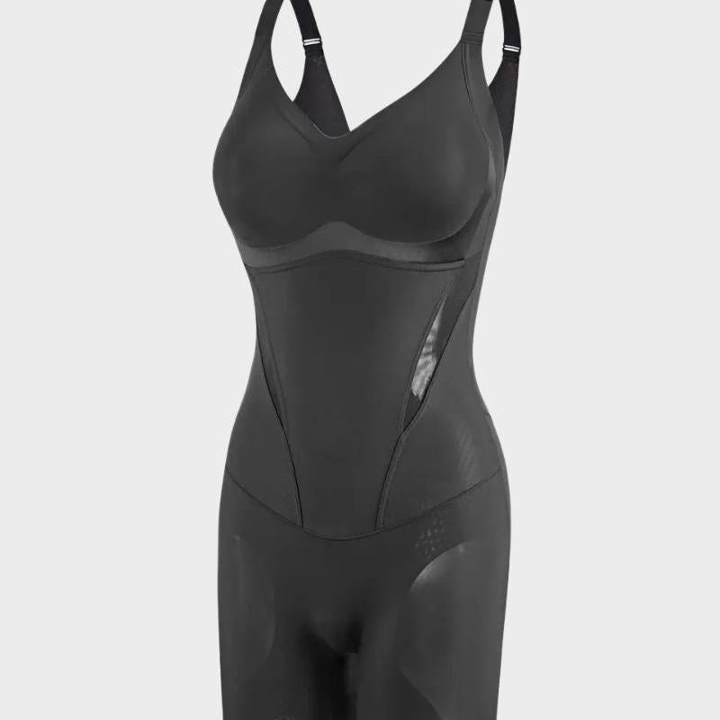 Black seamless shapewear bodysuit, front view on a mannequin