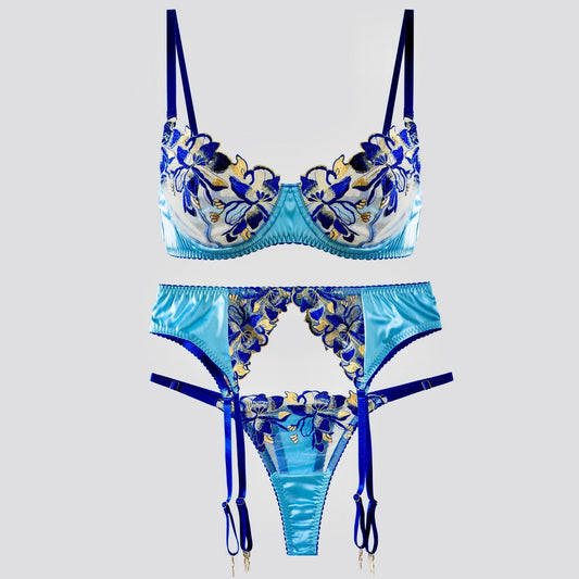Fresh Blue Satin Embroidered Lingerie - MATCHING MASTER