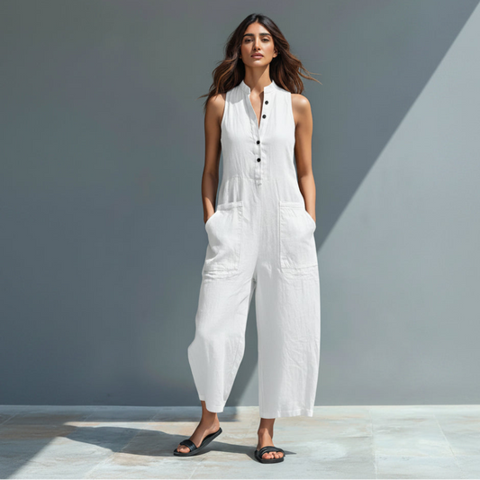 Women's linen blend button sleeveless loose-fitting jumpsuit