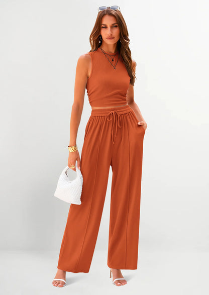 Women's Ribbed Sleeveless Two-Piece Set | Resort Style Casual Suit - MATCHING MASTER