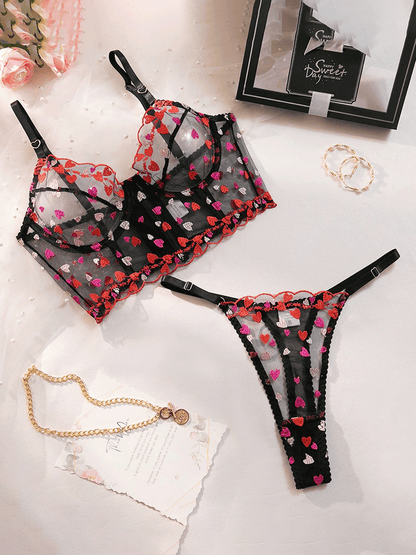 Heart Embroidered Sheer Lingerie Set