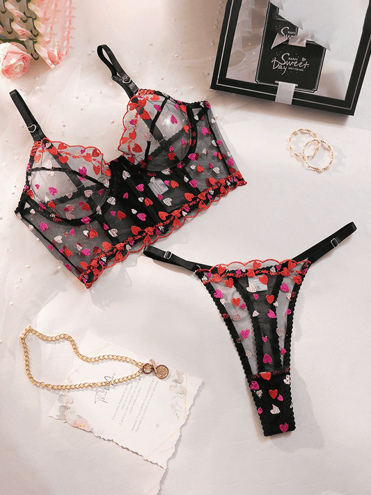 Heart Embroidered Sheer Lingerie Set