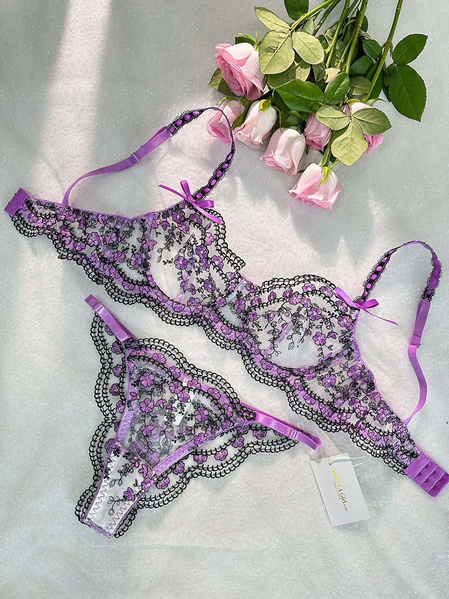 Purple Blossom Delights Embroidery Lingerie Set