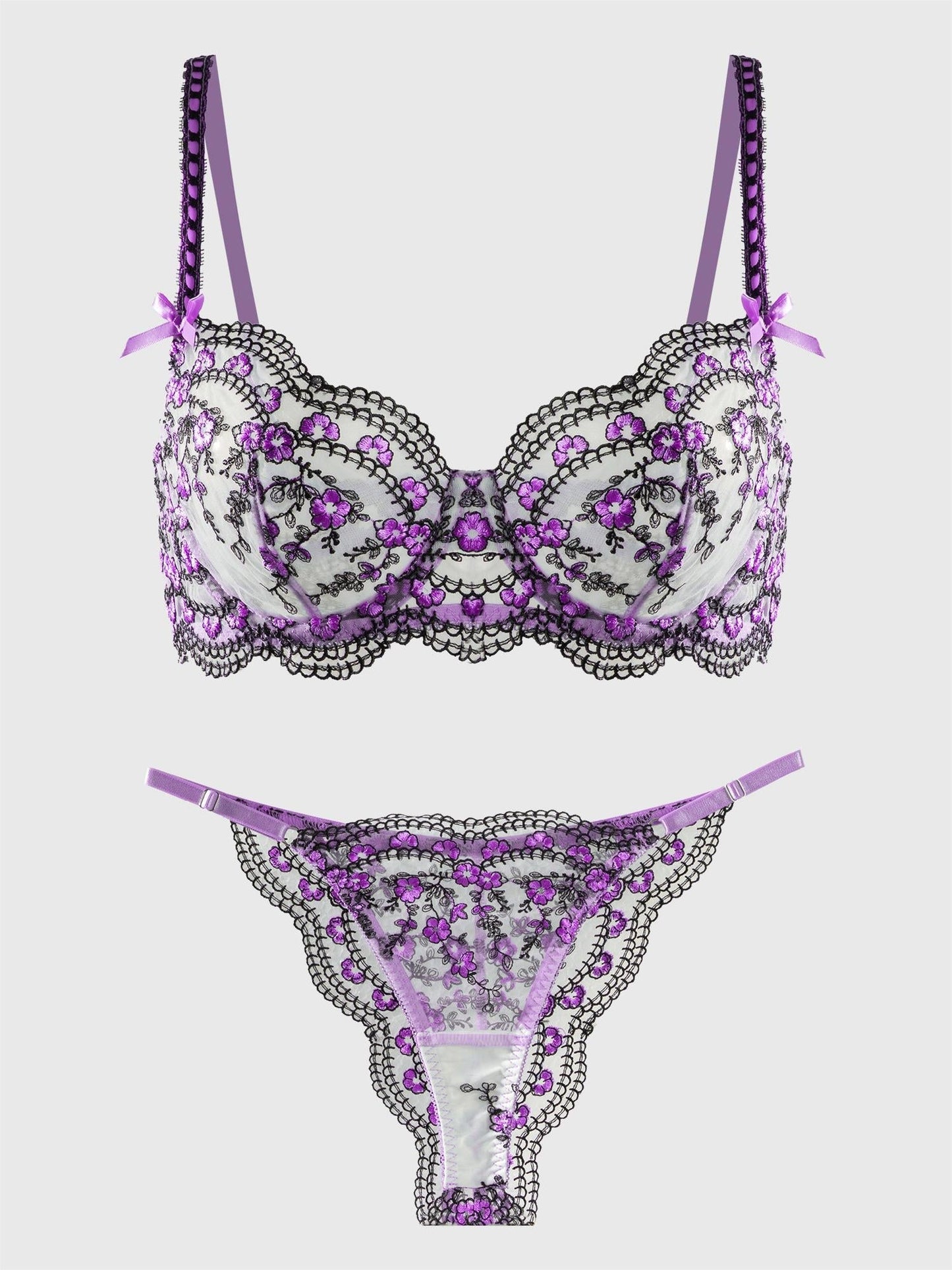 Purple Blossom Delights Embroidery Lingerie Set