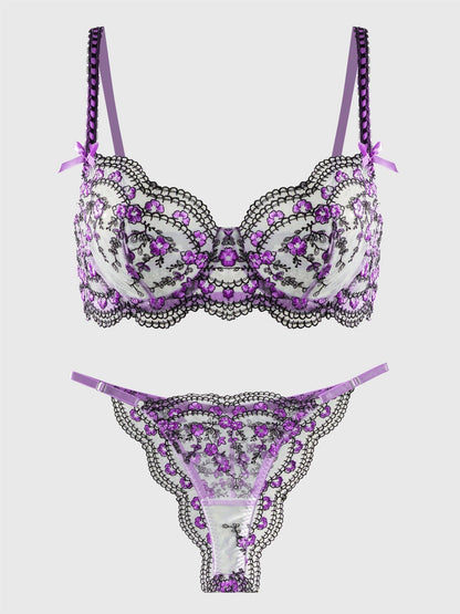 Purple Blossom Delights Embroidery Lingerie Set