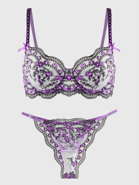 Purple Blossom Delights Embroidery Lingerie Set