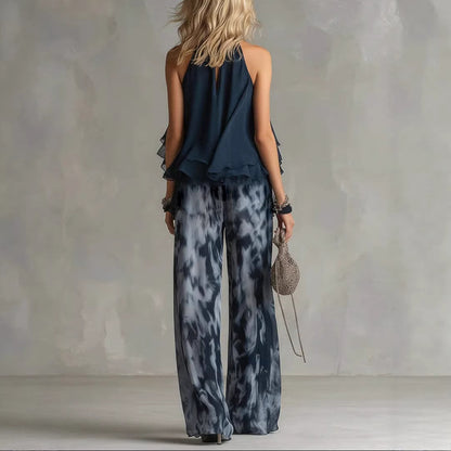A halter-neck ruffled chiffon top and tie-dye wide-leg pants set - BundleWear