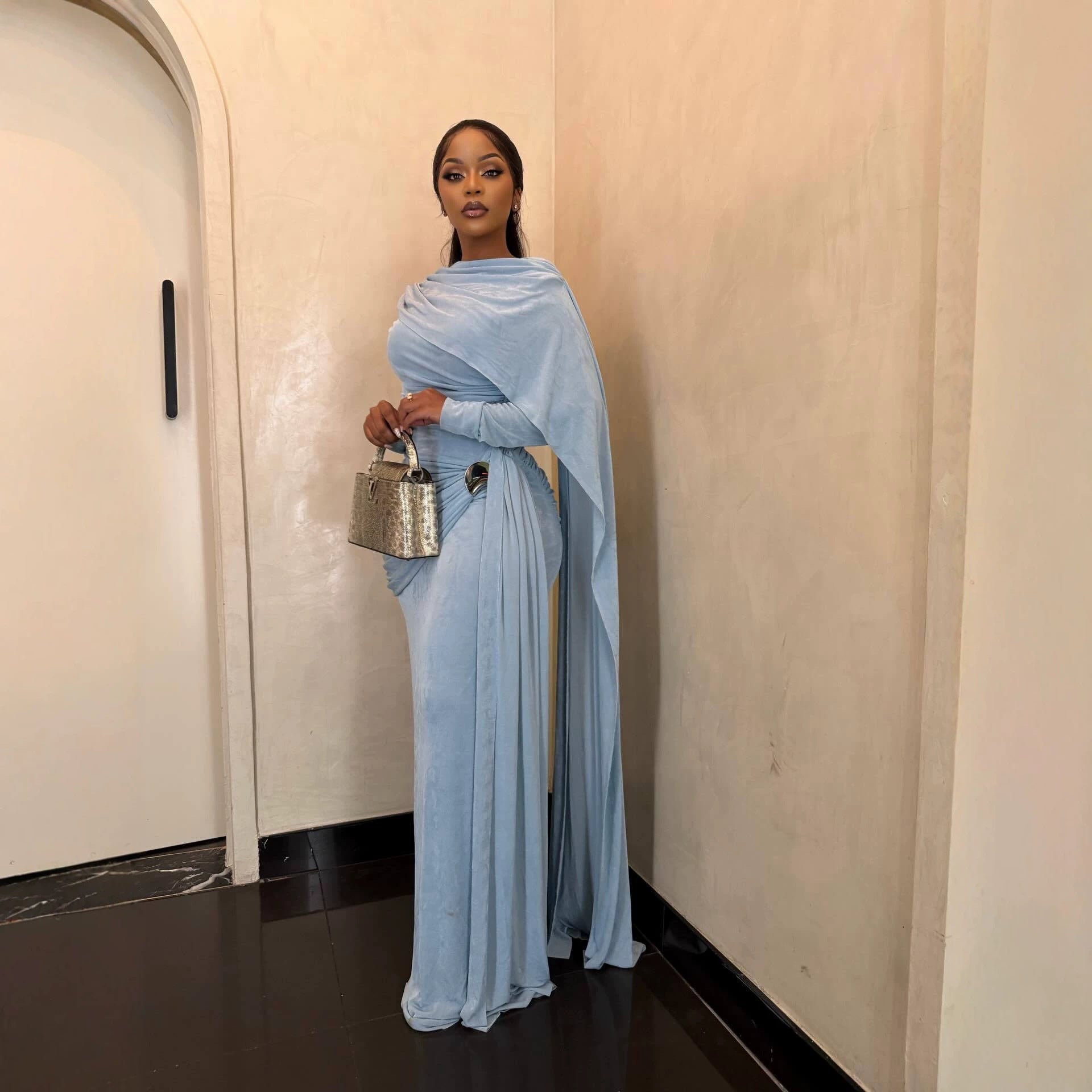 Silk Road QFX3233 European and American cross-border women's clothing 2026 African new elegant banquet long skirt shawl half-high neck long-sleeved dress - BundleWear