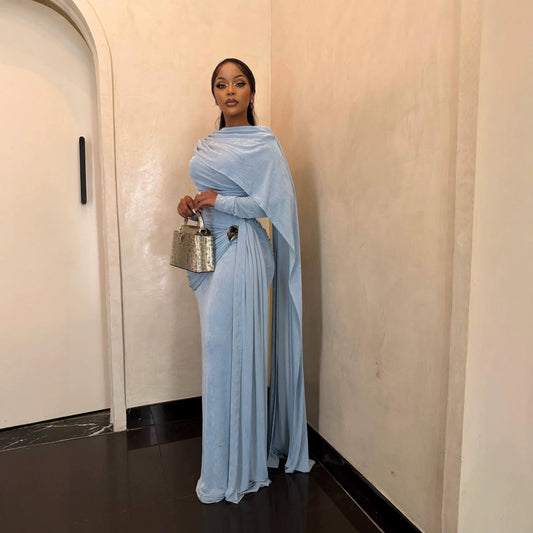 Silk Road QFX3233 European and American cross-border women's clothing 2026 African new elegant banquet long skirt shawl half-high neck long-sleeved dress - BundleWear