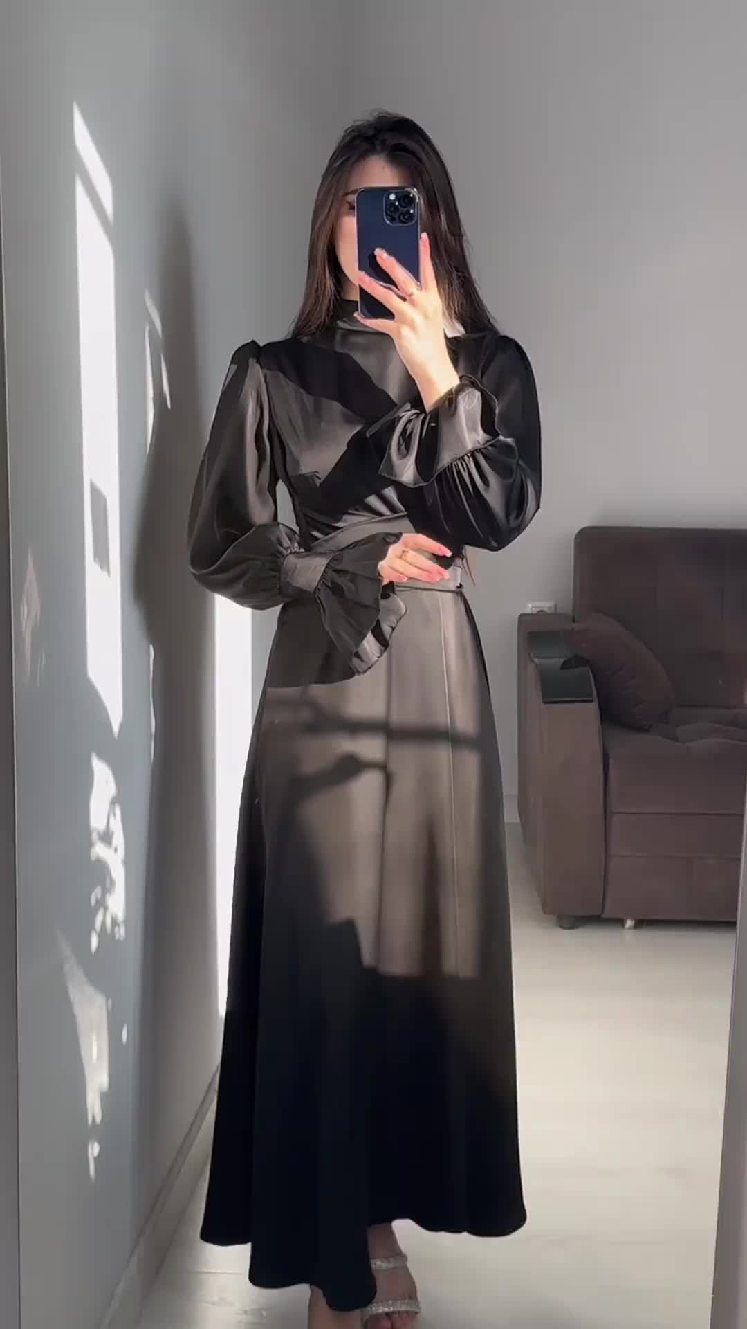 Long Sleeve Waist Puff Sleeve Solid Color Fairy Style Dress