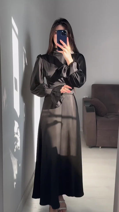 Long Sleeve Waist Puff Sleeve Solid Color Fairy Style Dress