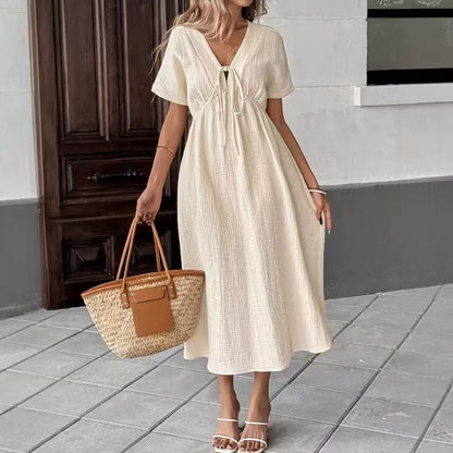 Casual bow-tie short-sleeved dress - BundleWear