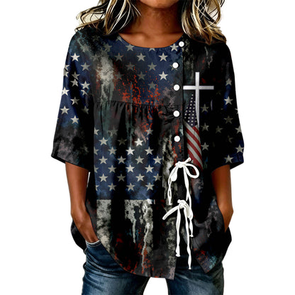 USA 250th Women's Short-Sleeved Shirt with Tie Hem - BundleWear