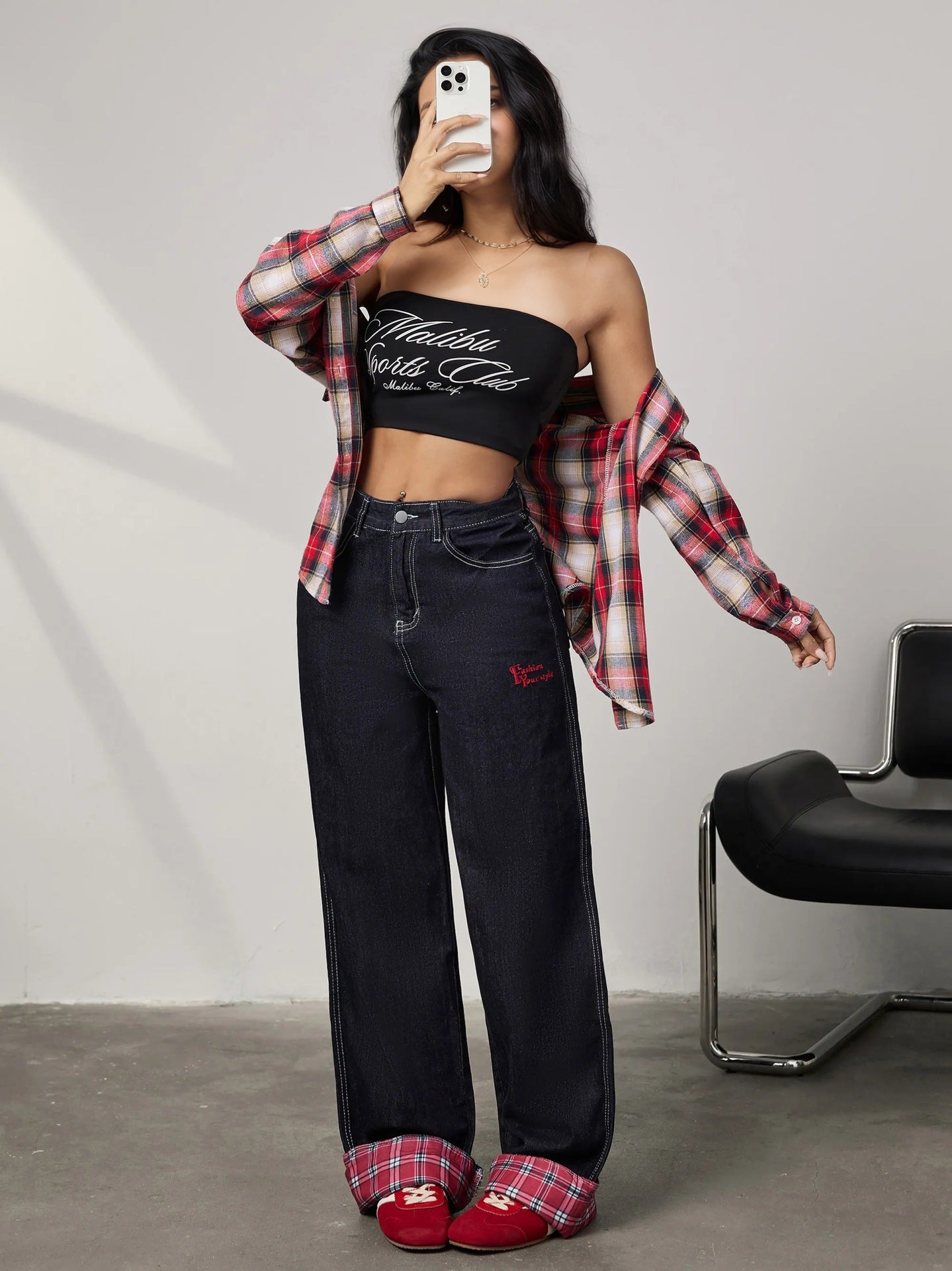 Panelled rolled-up plaid jeans