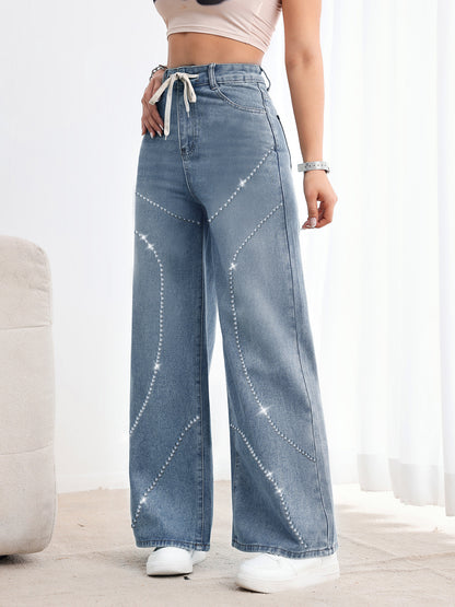Rhinestone Beaded Denim Pants
