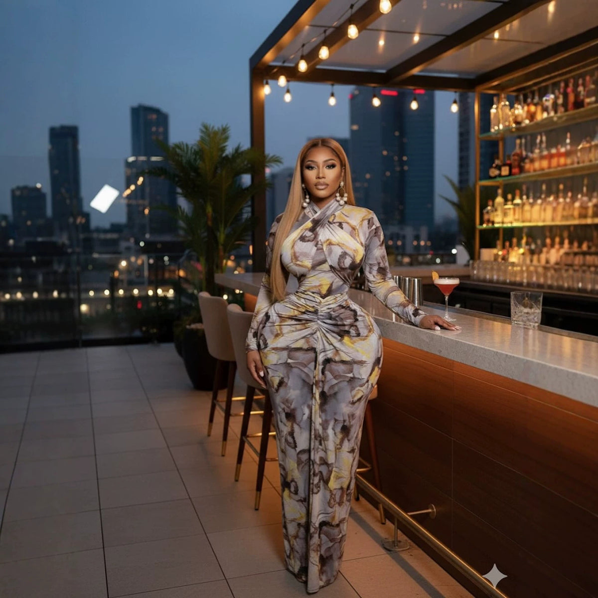 Silk Road QFX3309 2026 African New Elegant Evening Long Dress Print Long Sleeve Slimming Dress - BundleWear
