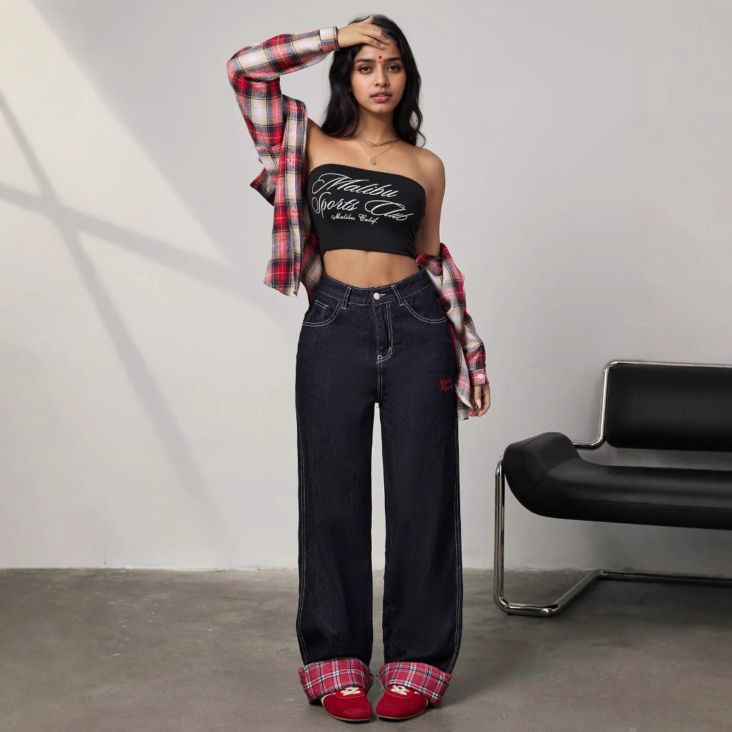 Panelled rolled-up plaid jeans