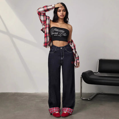 Panelled rolled-up plaid jeans