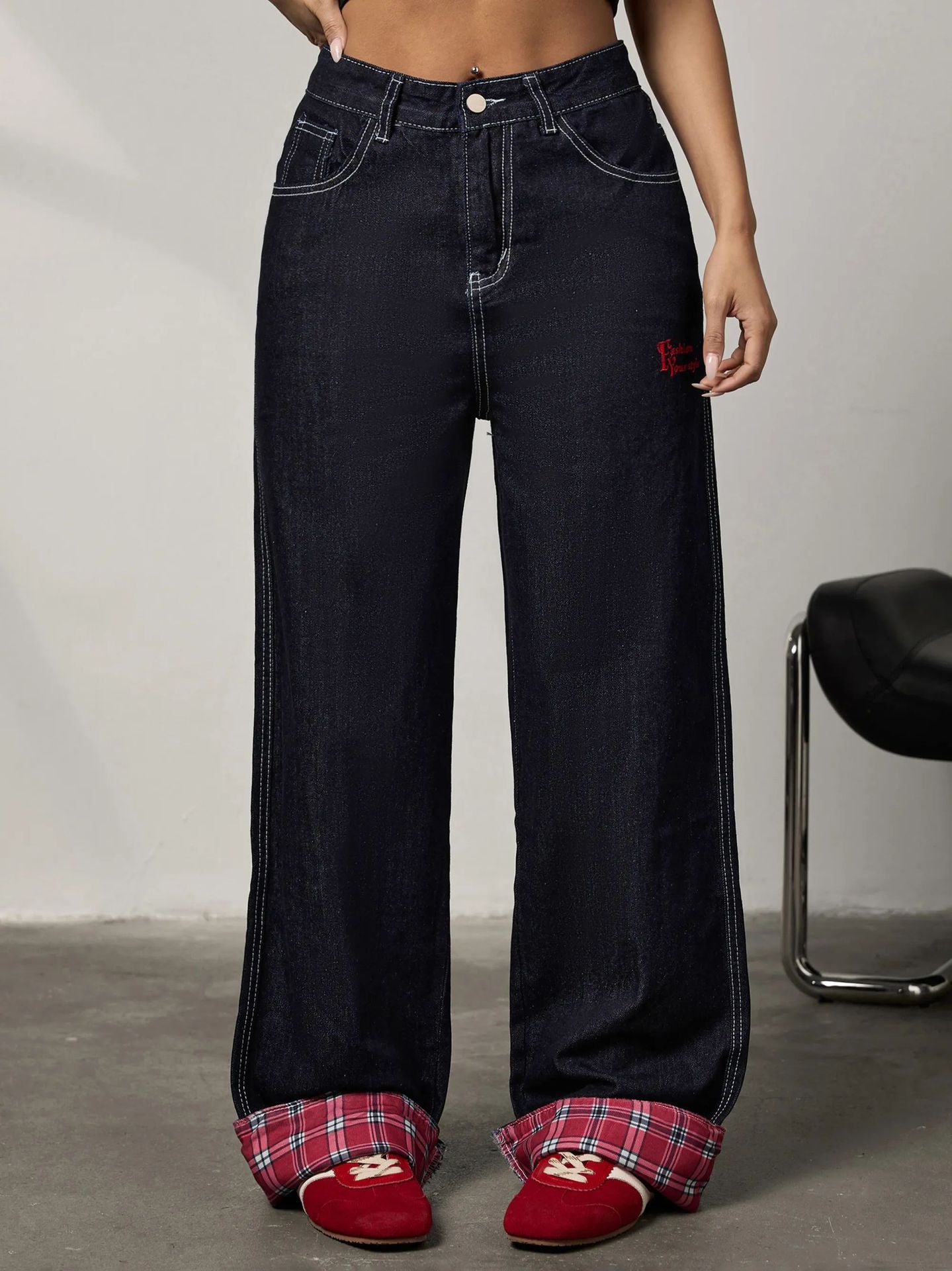 Panelled rolled-up plaid jeans