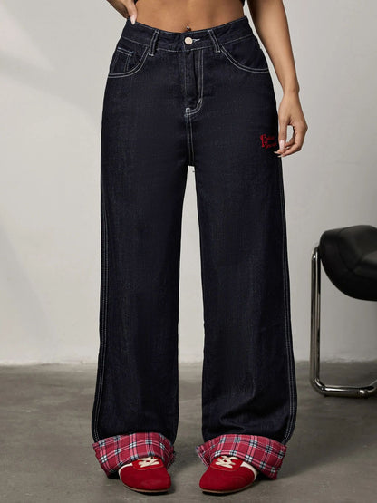 Panelled rolled-up plaid jeans