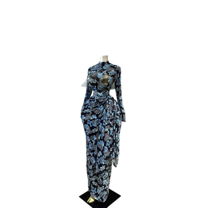 Silk Road QFX3305 2026 African New Elegant Print Evening Dress Round Neck Long Sleeve Waist-cinched Dress - BundleWear