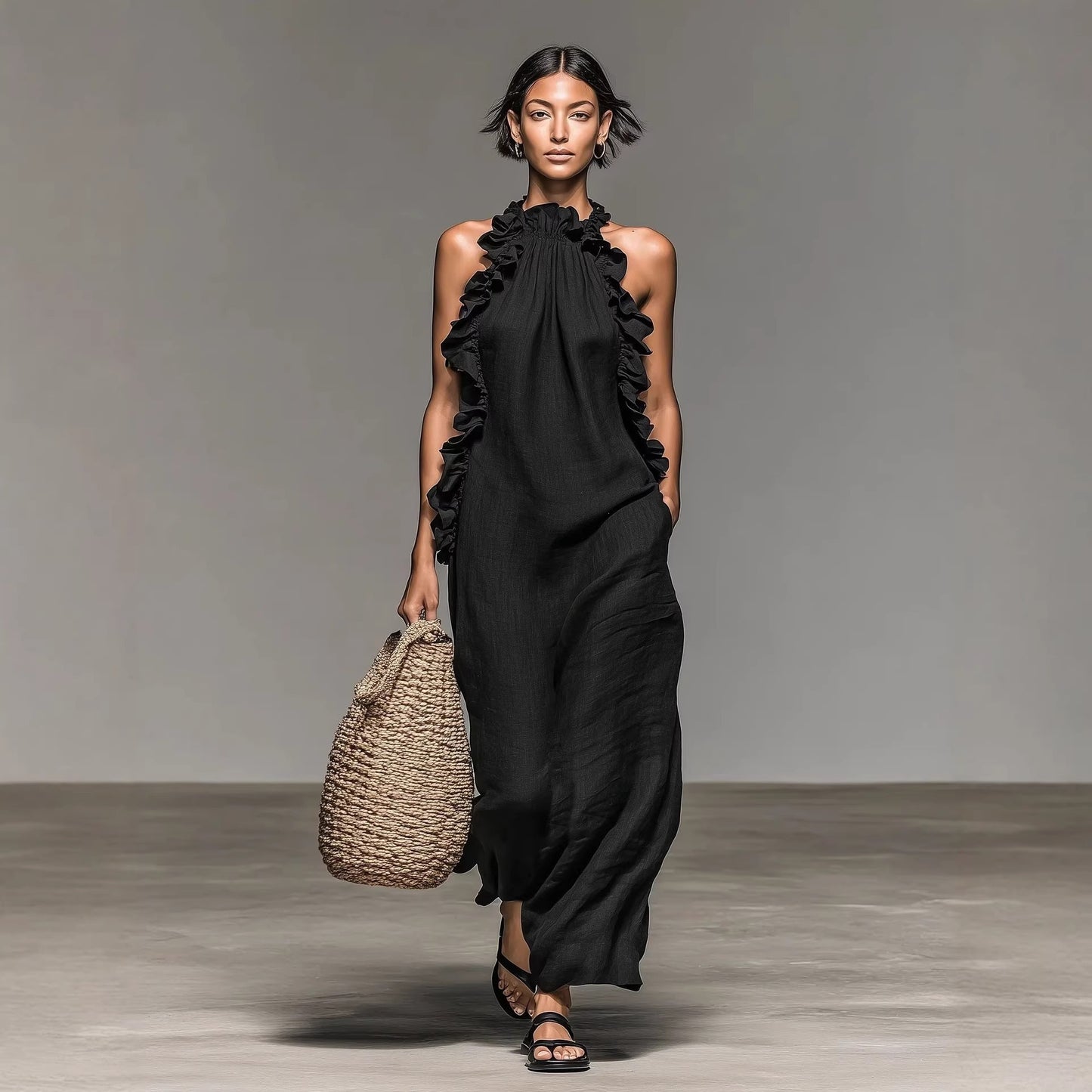 Women's Minimalist Linen-blend Sleeveless Maxi Dress With Ruffle Details - BundleWear