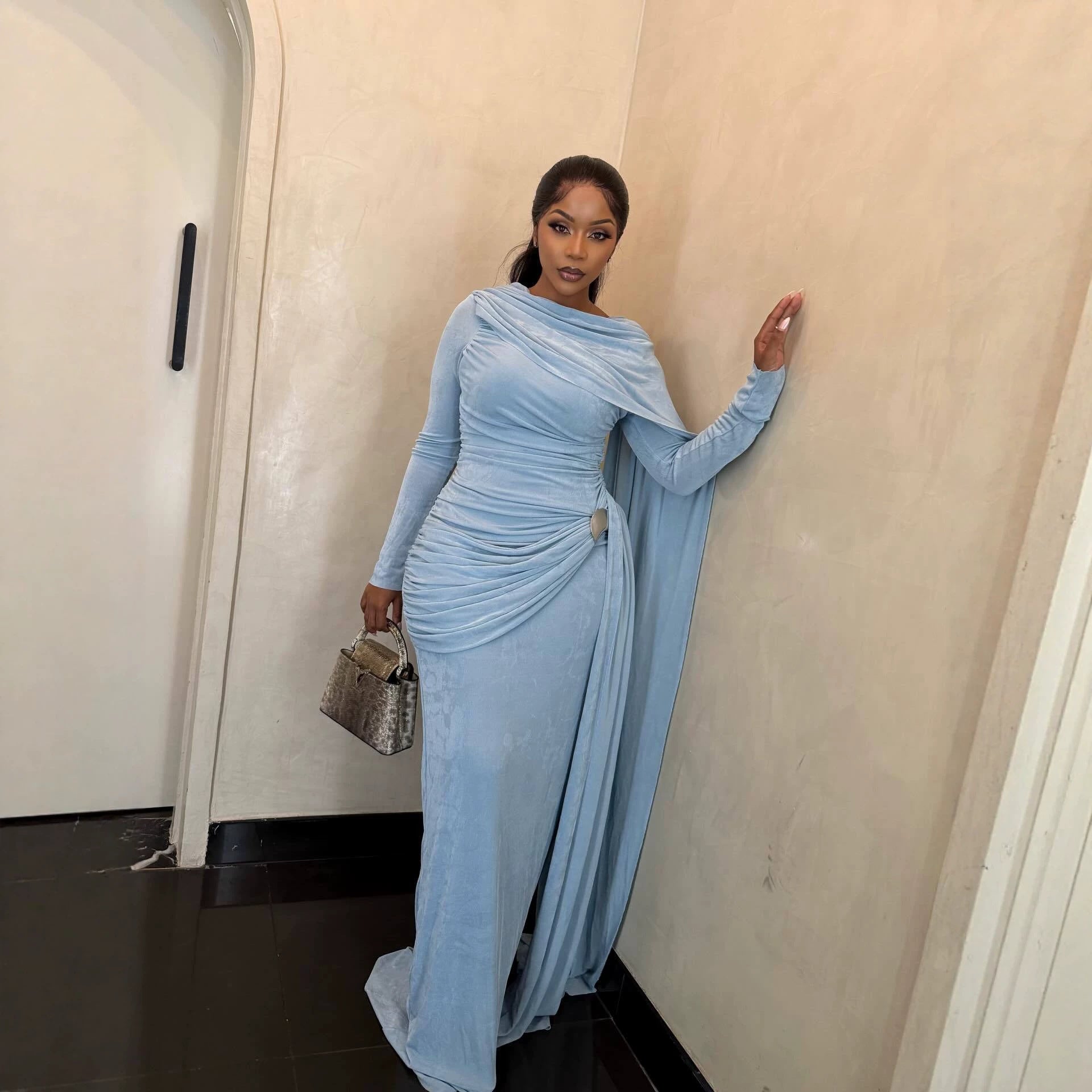 Silk Road QFX3233 European and American cross-border women's clothing 2026 African new elegant banquet long skirt shawl half-high neck long-sleeved dress - BundleWear