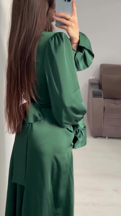 Long Sleeve Waist Puff Sleeve Solid Color Fairy Style Dress