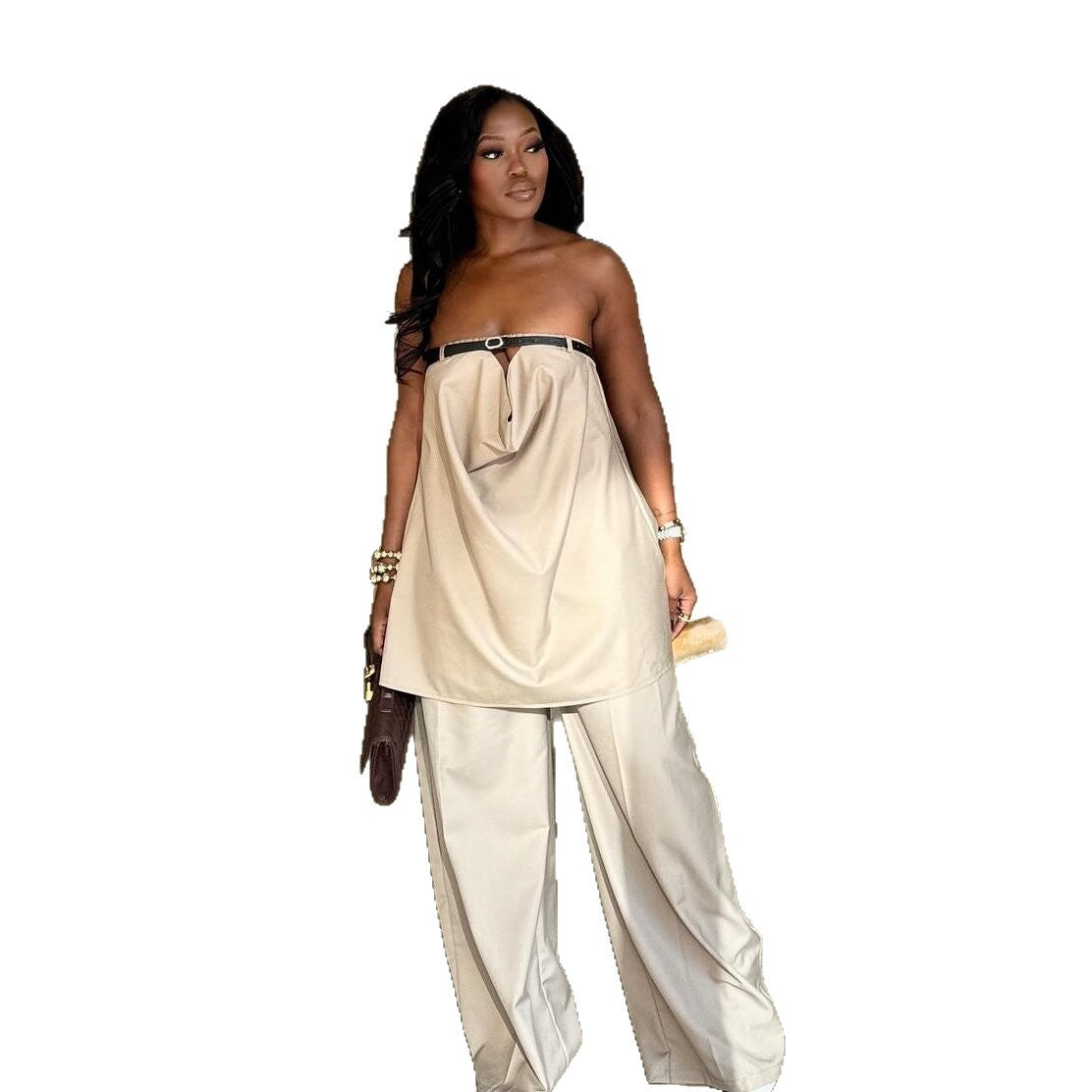 Silk Road QFX1172 2025 Autumn African New Casual Wide-leg Pants Loose Tube Top Tie Set - BundleWear