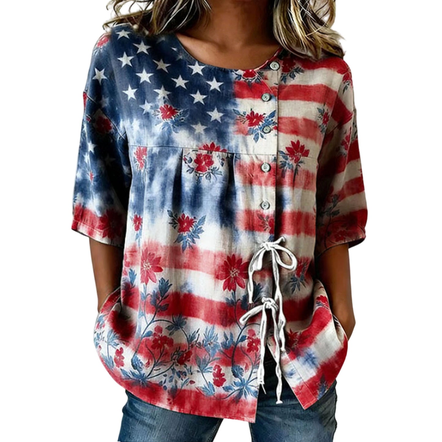 USA 250th Women's Short-Sleeved Shirt with Tie Hem - BundleWear