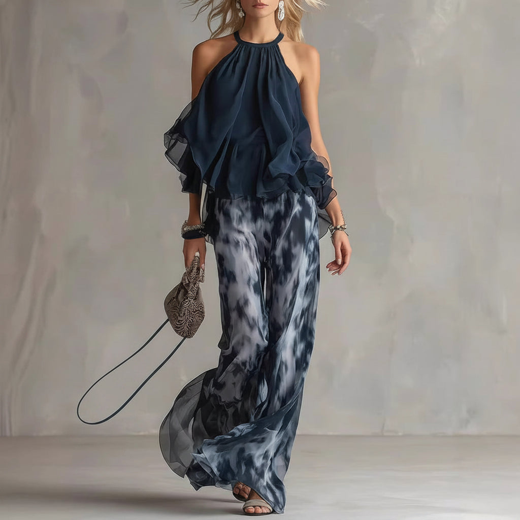 A halter-neck ruffled chiffon top and tie-dye wide-leg pants set - BundleWear