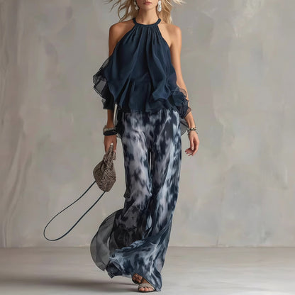 A halter-neck ruffled chiffon top and tie-dye wide-leg pants set - BundleWear