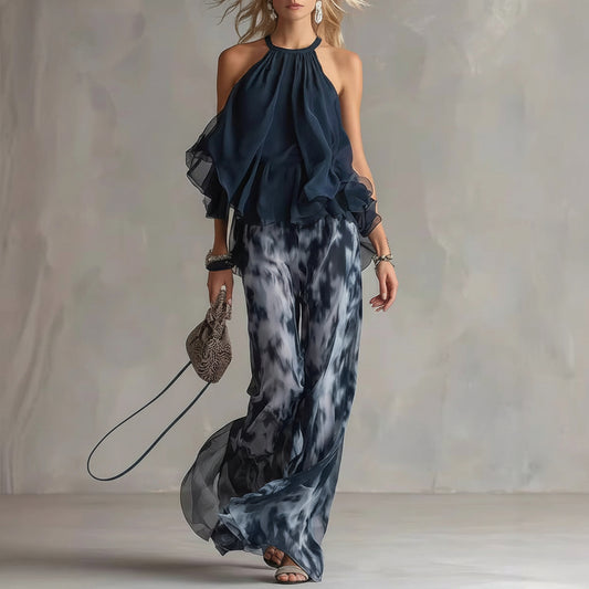 A halter-neck ruffled chiffon top and tie-dye wide-leg pants set - BundleWear