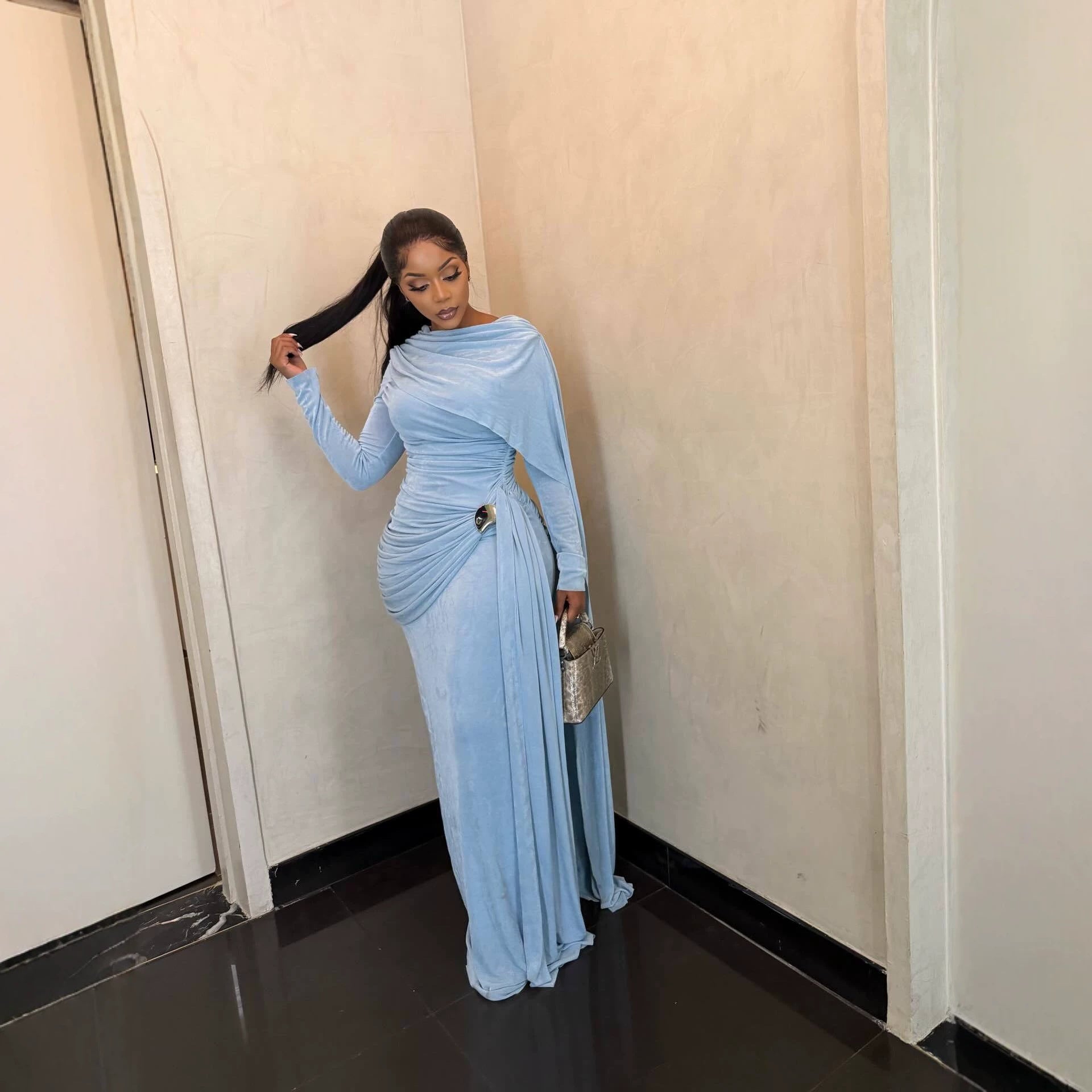 Silk Road QFX3233 European and American cross-border women's clothing 2026 African new elegant banquet long skirt shawl half-high neck long-sleeved dress - BundleWear
