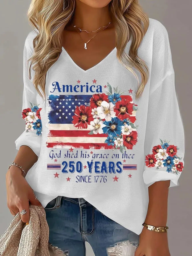 USA 250th Women's Summer V-neck Short-sleeved Top CHF-1584 - BundleWear