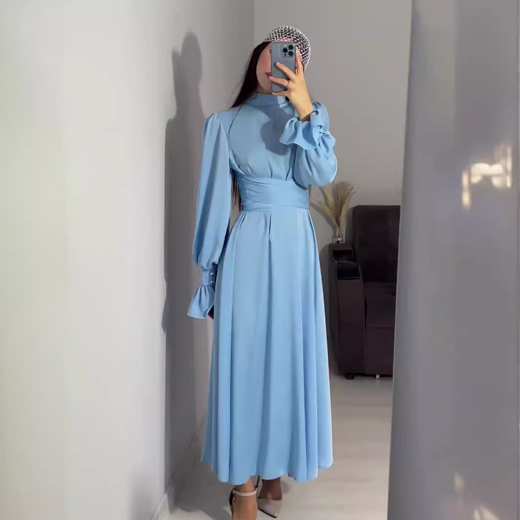 Long Sleeve Waist Puff Sleeve Solid Color Fairy Style Dress