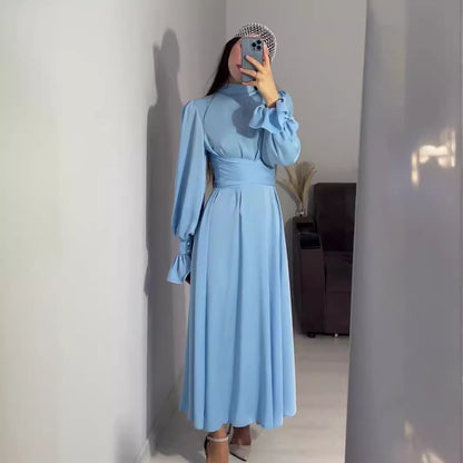 Long Sleeve Waist Puff Sleeve Solid Color Fairy Style Dress