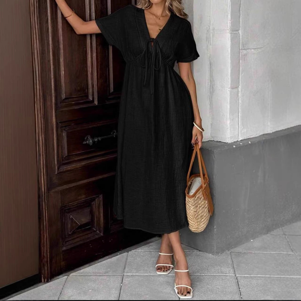 Casual bow-tie short-sleeved dress - BundleWear