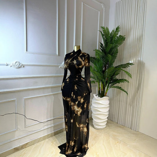 Silk Road QFX3309 2026 African New Elegant Evening Long Dress Print Long Sleeve Slimming Dress - BundleWear