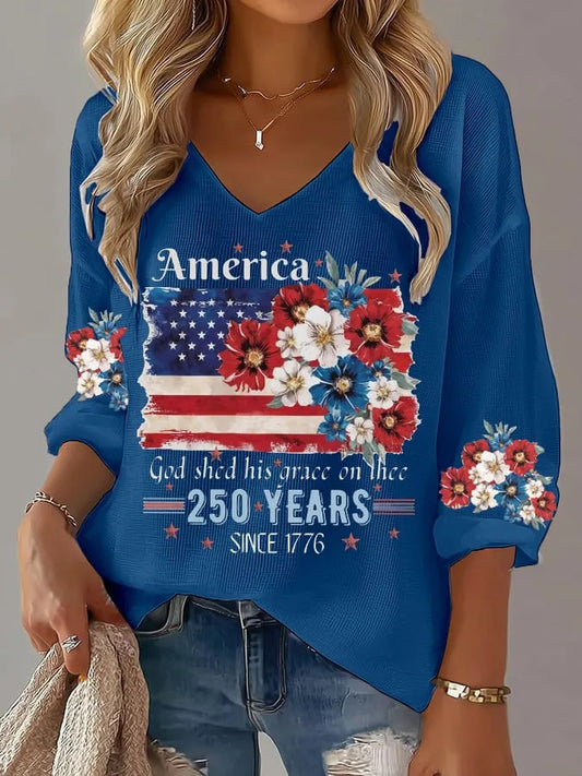 USA 250th Women's Summer V-neck Short-sleeved Top CHF-1584 - BundleWear