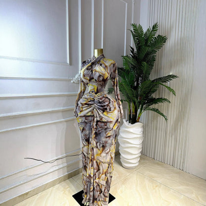 Silk Road QFX3309 2026 African New Elegant Evening Long Dress Print Long Sleeve Slimming Dress - BundleWear