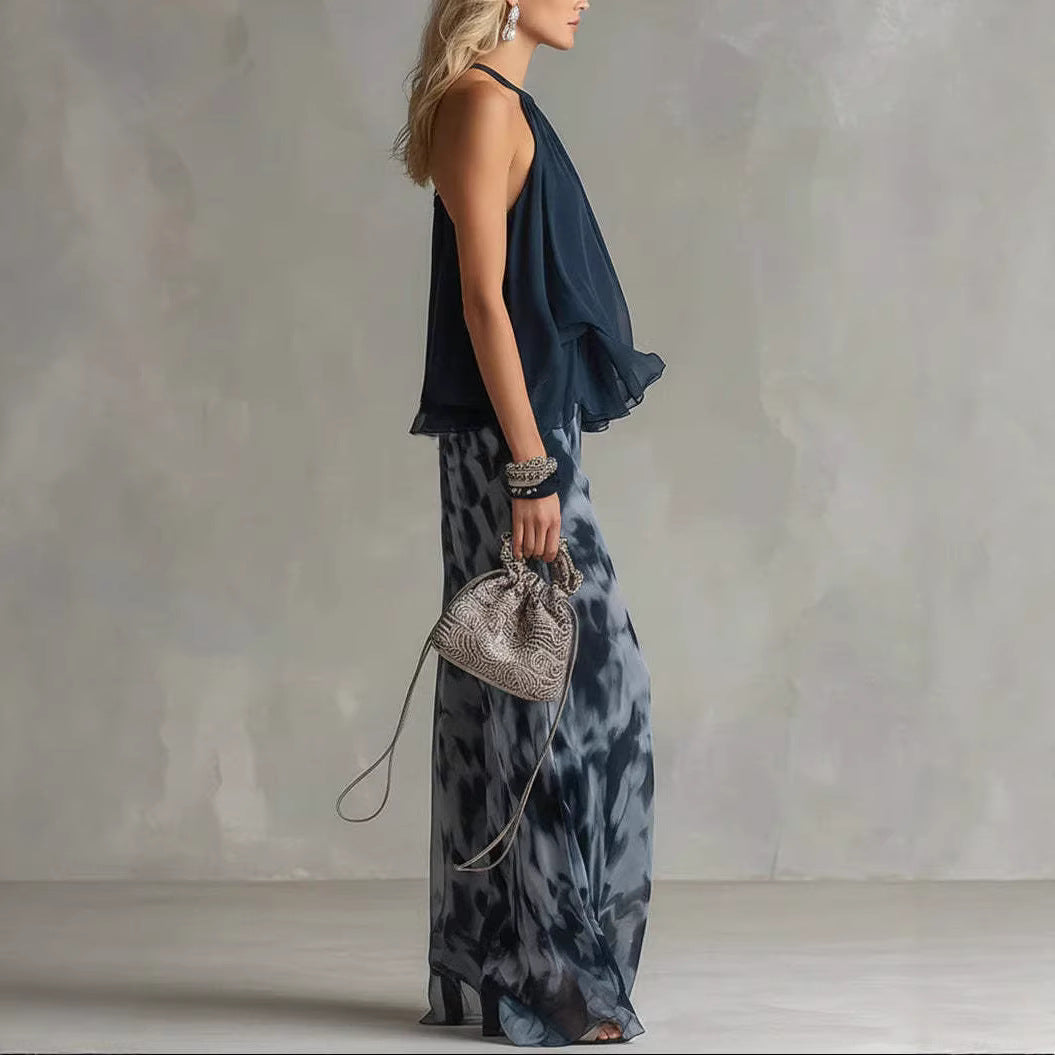 A halter-neck ruffled chiffon top and tie-dye wide-leg pants set - BundleWear