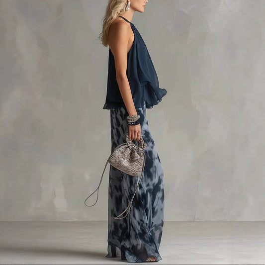 A halter-neck ruffled chiffon top and tie-dye wide-leg pants set - BundleWear